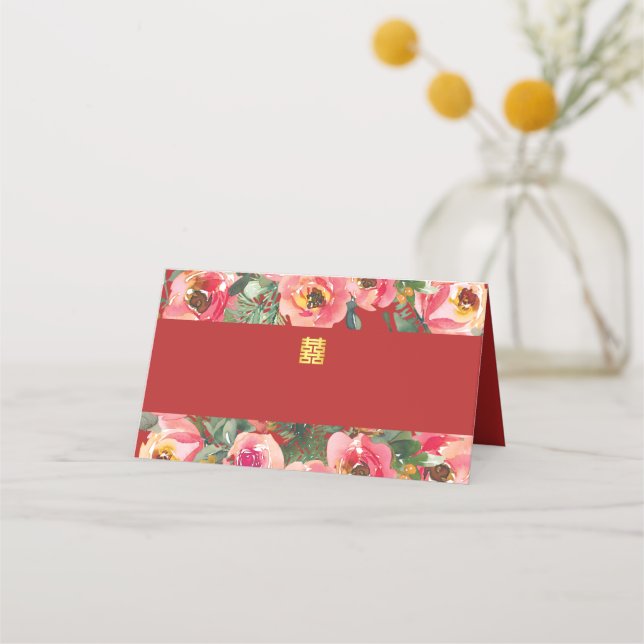 Cartão De Mesa Símbolo de dupla felicidade do fundo de flor rosa (Frente)