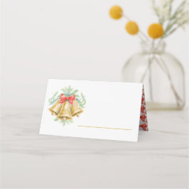 Cartão De Mesa Sinos dourados aquarela verde casamento vermelho