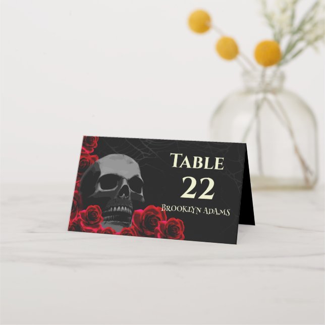 Cartão De Mesa Skull e Rosa vermelha Gothic Halloween Weddin (Frente)