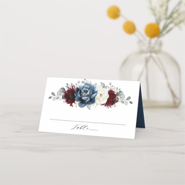 Cartão De Mesa Slate Blue Burgundy White Ivory Floral Casamento (Frente)