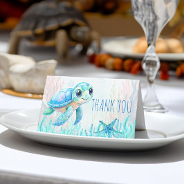 Cartão De Mesa Sob o obrigado azul da tartaruga do chá de fraldas