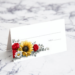 Cartão De Mesa Sunflower and Red Rose Floral Wedding Place Card