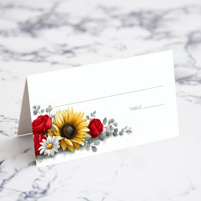 Cartão De Mesa Sunflower and Red Rose Floral Wedding Place Card (Criador carregado)