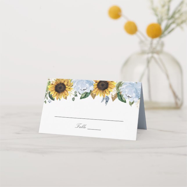 Cartão De Mesa Sunflower Dusty Blue Flowers Casamento Legante (Frente)