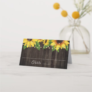 Cartão De Mesa Sunflower Rustic Wood String Luzes Casamento