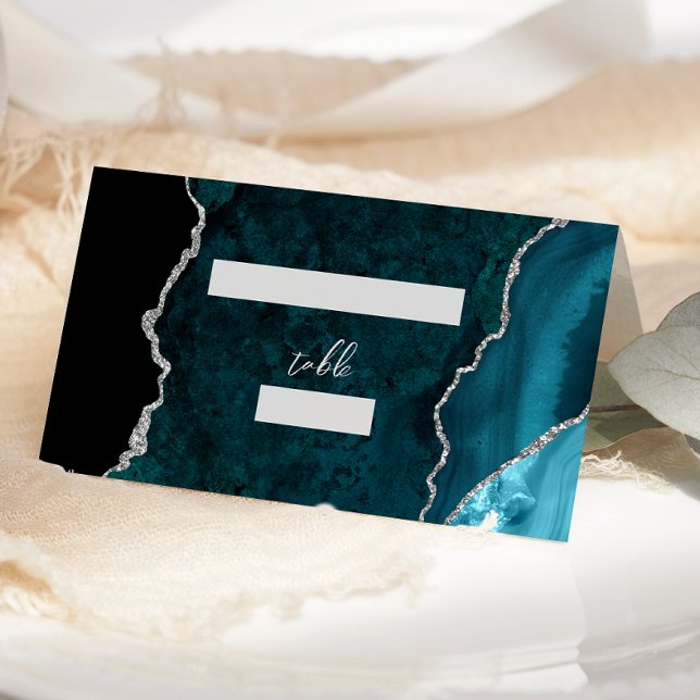 Cartão De Mesa Teal Blue Silver Agate Script Wedding Table (Criador carregado)