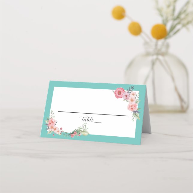 Cartão De Mesa Teal Floral (Frente)