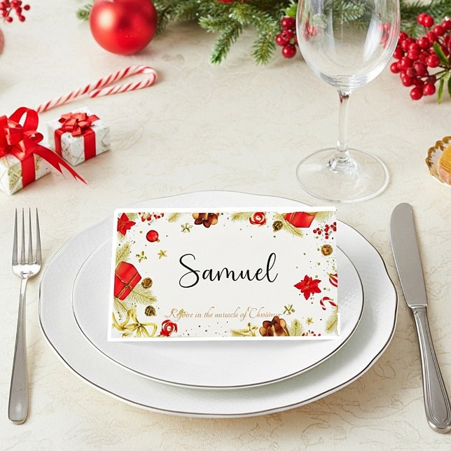 Cartão De Mesa Tema bonito de Natal vermelho e ouro personalizado (Criador carregado)
