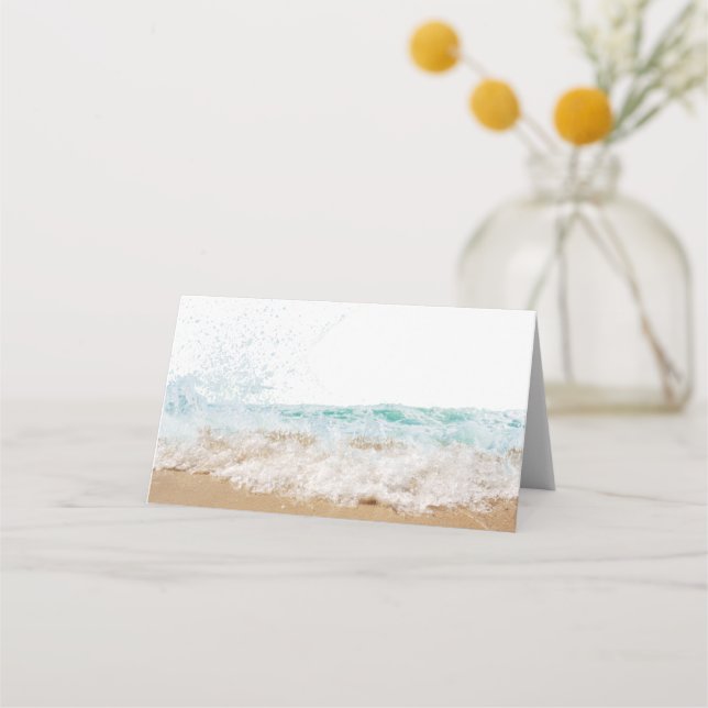 Cartão De Mesa Tema de Casamento na Praia em Branco (Frente)