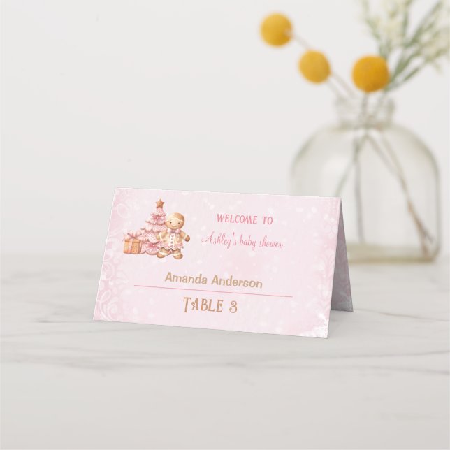 Cartão De Mesa Tenda de natal da garota de pão rosa (Frente)