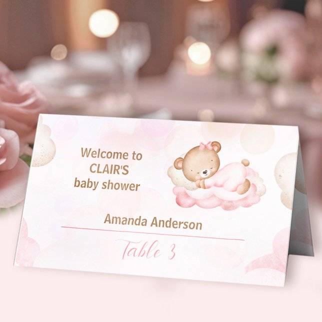 Cartão De Mesa Tent De Chá de fraldas De Rapariga Rosa De Urso (Teddy Bear Pink Girl Baby Shower Tent Place Card)