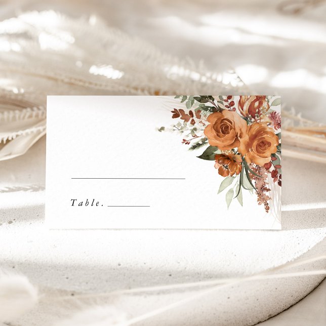 Cartão De Mesa Terracotta Boho Rose Floral Wedding Name (Terracotta boho floral wedding place card with watercolor roses, elegant table name card)