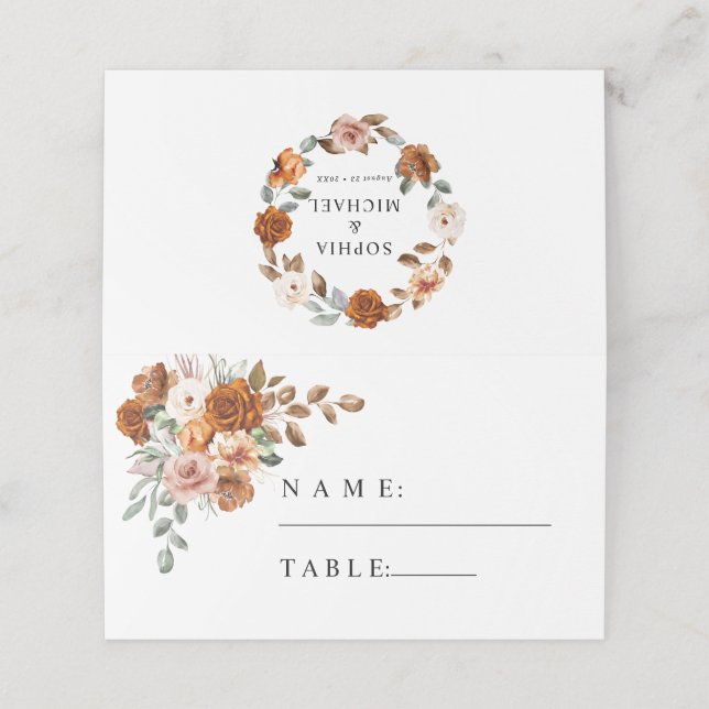 Cartão De Mesa Terracotta Burnt Orange Floral Wedding (Exterior/Desdobrado)