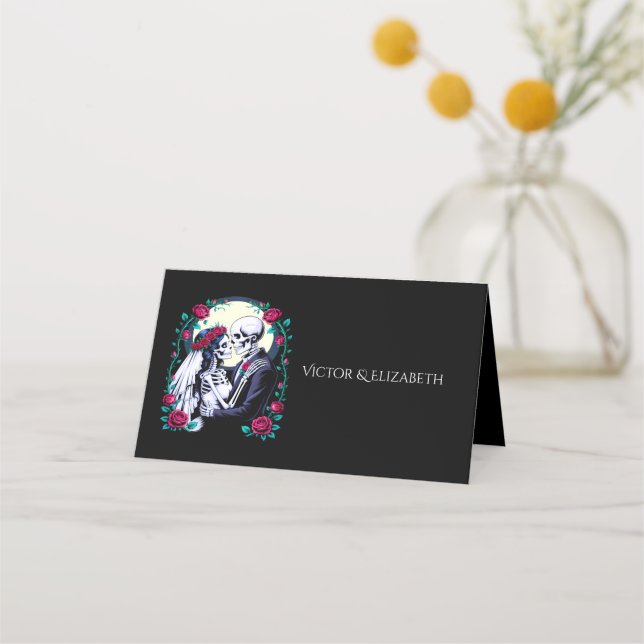 Cartão De Mesa Til Death Gothic Skeleton Casal Rosa Casamento Ros (Frente)