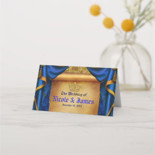 Cartão De Mesa Toalhete de Casamento Azul-Royal e Dourado com Dra