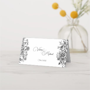 Cartão De Mesa Toile Floral de Damasco Preto e Branco