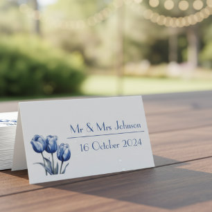 Cartão De Mesa Tulipas no Azul Delft personalizáveis