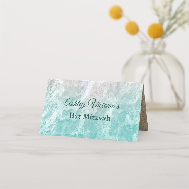 Cartão De Mesa Turquoise Beach Waves Bat Mitzvah Folded (Verso)