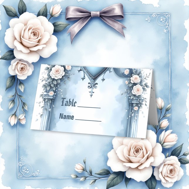 Cartão De Mesa Um arco azul claro-ornamentado com sotaques florai (Criador carregado)