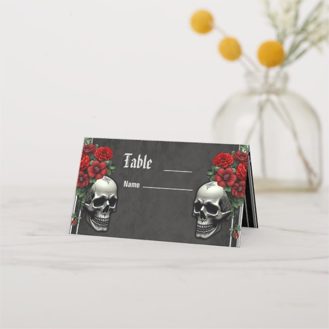 Cartão De Mesa Uma simbiose gótica, cabelos elegantes e crânios (Frente)