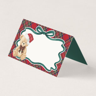Cartão de Mesa Urso de Natal Xadrez Tartan Vermelh