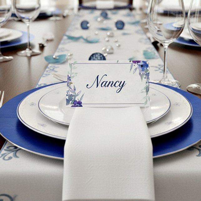 Cartão De Mesa Vazio de casamento floral púrpura e azul (Criador carregado)
