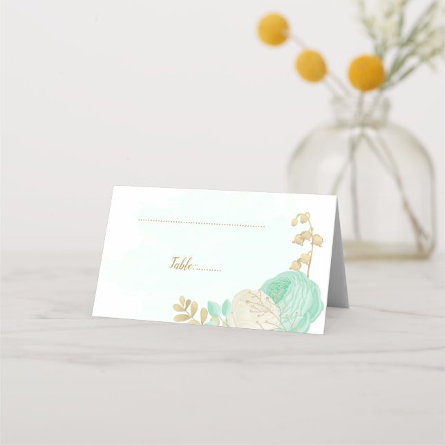 Cartão De Mesa verde menta & flores brancas dourado botânico casa (Frente)