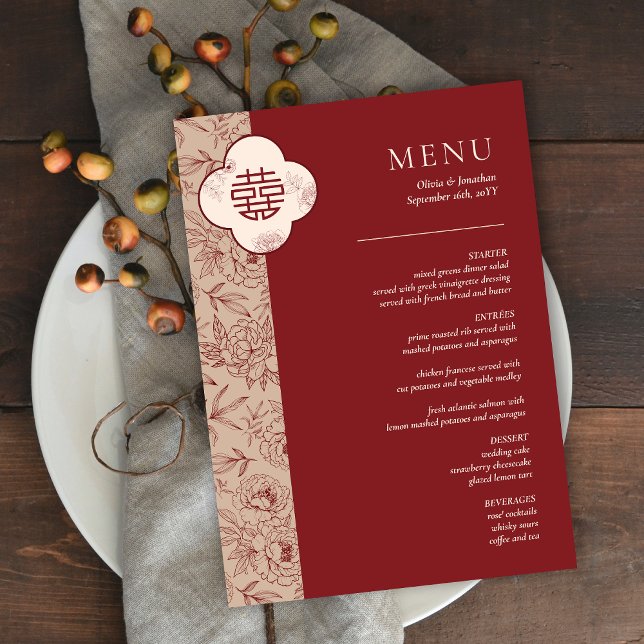 Cartão de Mesa Vermelho de Casamento Chinês Floral (Elegant Floral Chinese Wedding Red Table Menu Card)