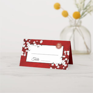 Cartão De Mesa Vermelho de Cereja Branco   Casamento chinês