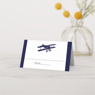 Cartão De Mesa Vintage Biplane Dark Marinho Casamento Azul