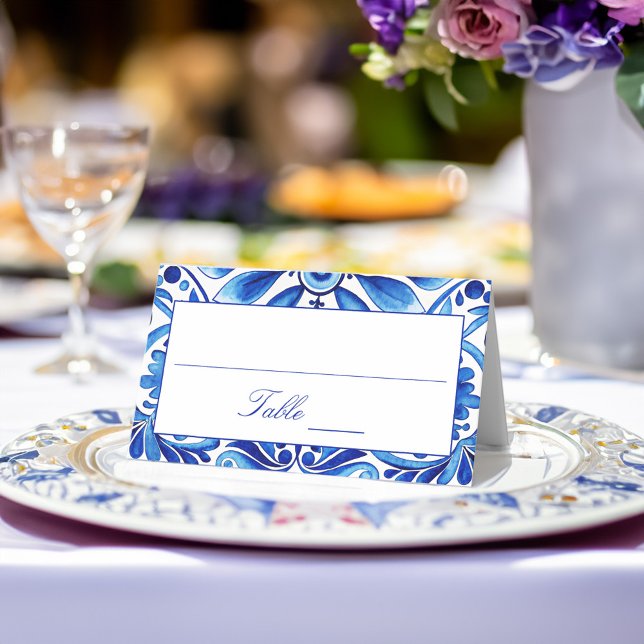 Cartão De Mesa Vintage Talavera Azulejo azulejos Azulejo (Vintage Talavera Azulejo blue tiles wedding reception Place Card Balkan folk art elegant place cards)