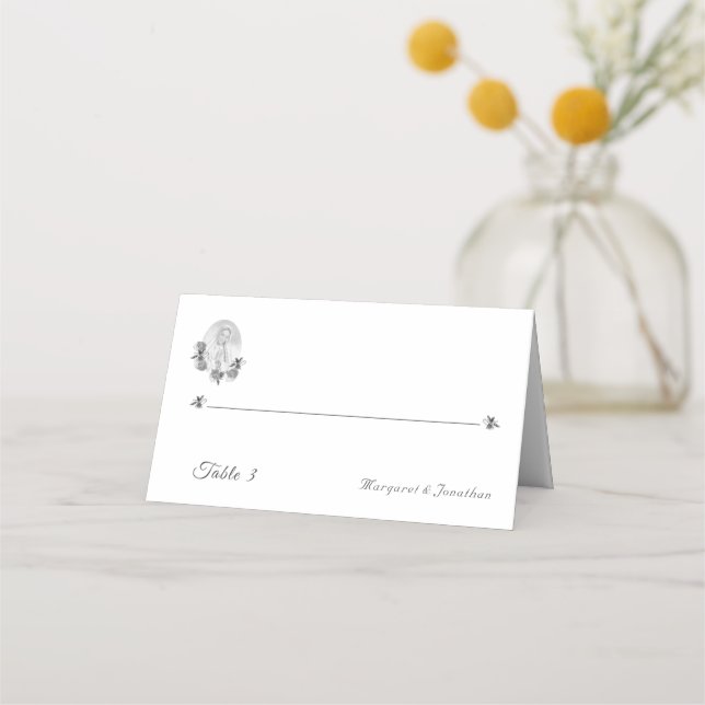 Cartão De Mesa Virgem Prateada Mary Folding Place Card (Frente)