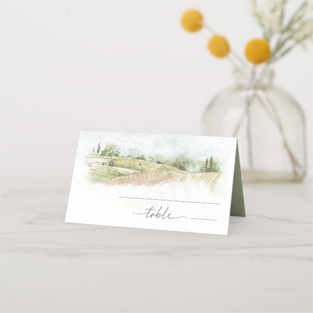 Cartão De Mesa Watercolor Landscape Wedding Sage Green ID786 (Frente)