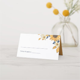 Cartão De Mesa Watercolor Sunflower Yellow and Blue Weding