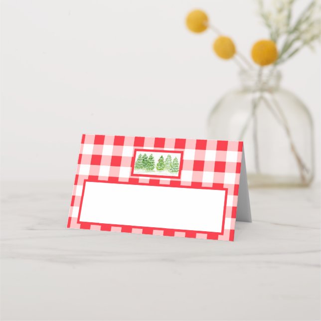 Cartão De Mesa Watercolor Winter Trees Red Gingham Check  (Frente)