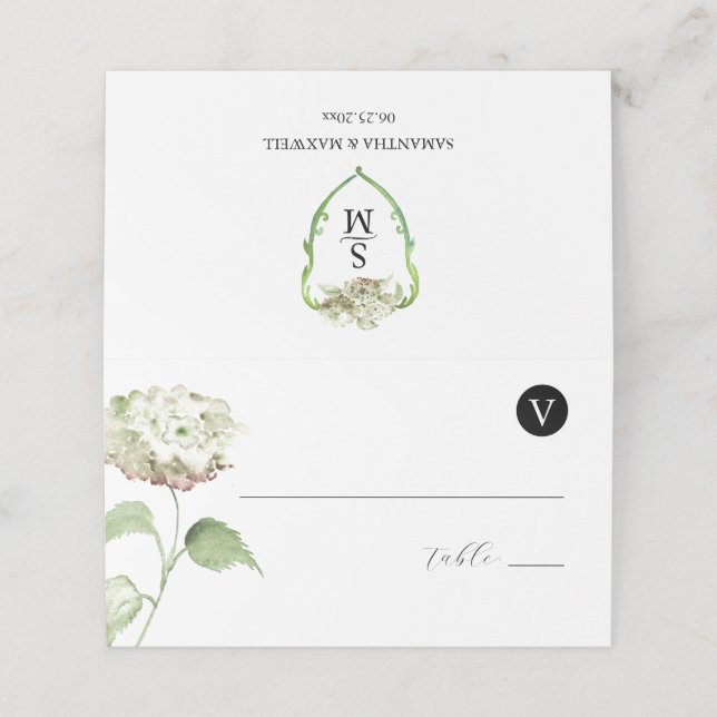 Cartão De Mesa Wedding Monogram Hydrangea Escort Cards (Exterior/Desdobrado)
