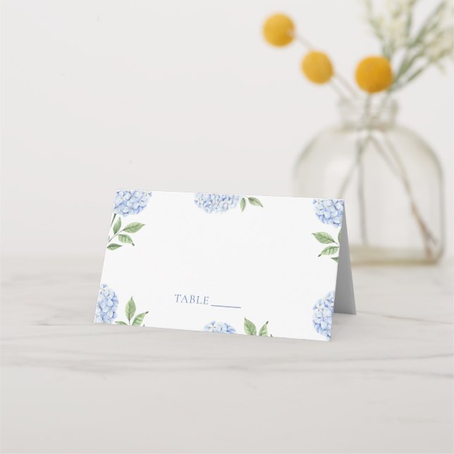 Cartão De Mesa Wedding Place Cards, Blue Hydrangea Border Classic (Frente)