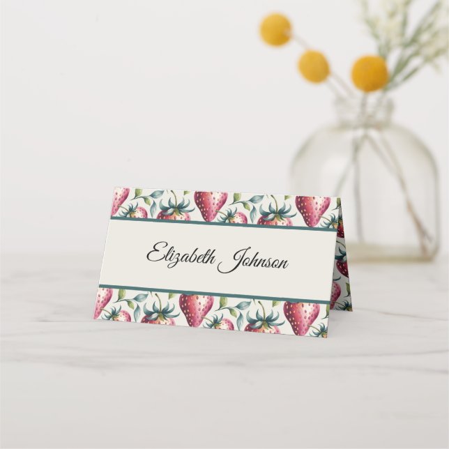 Cartão De Mesa Whimsso Pink Strawberry Summer Guest Name (Frente)
