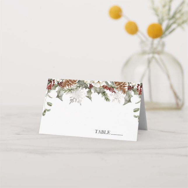 Cartão De Mesa Winter Evergreen Snowflakes Name Cards (Frente)