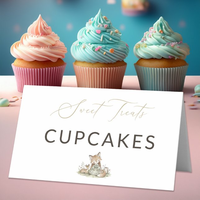 Cartão De Mesa Woodland Fox Girl Sweet Treats Cupcakes Food Label (Criador carregado)