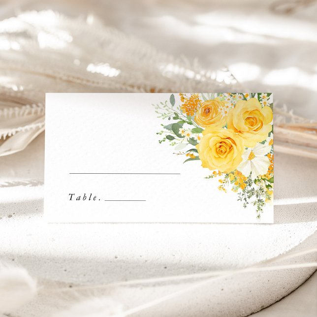 Cartão De Mesa Yellow Floral Rose Wedding Name Place Card (Yellow rose wedding place card, watercolor floral escort card, elegant romantic reception name card)
