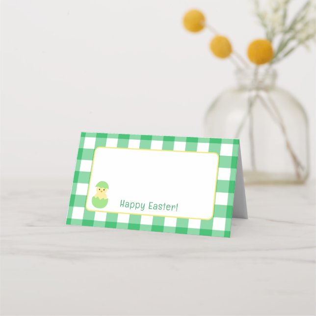 Cartão De Mesa Yellow Happy Spring Chick Easter B Green Check (Frente)