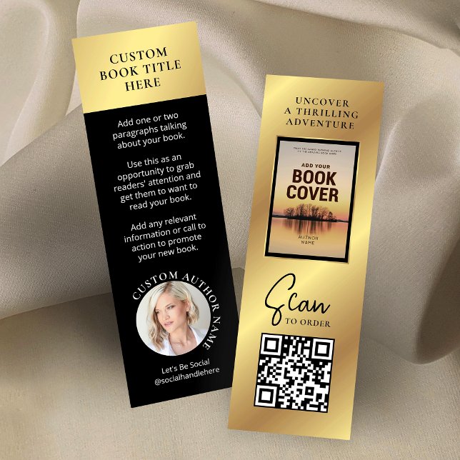 Cartão de Minifavorito de Foto do Autor de Versão  (Elegant gold effect book release marketing bookmark cards with your author photo and custom text)