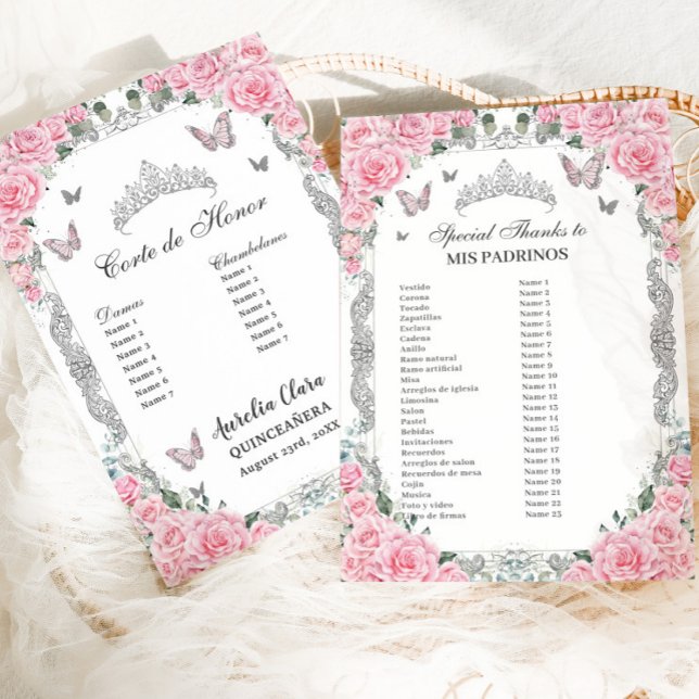 Cartão de Mis Padrinos de Quinze Anos com Floral R (pink roses floral silver butterflies quinceanera mis padrinos corte de honor list cards printed)