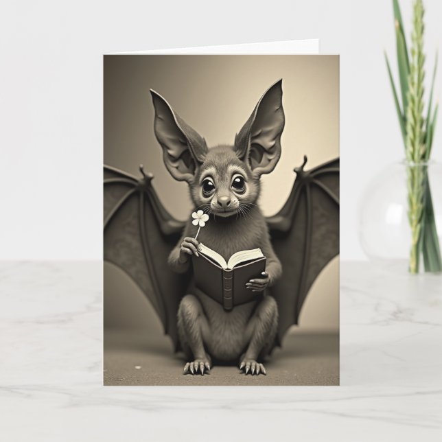 Cartão de Morcego Com Livro e Flor (Frente)