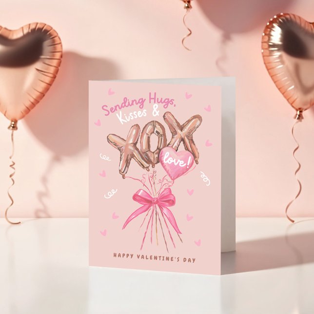 Cartão de Namorados de Balões de Folha de Ensino e (Hugs Kisses & Love Foil Balloons Valentine Card)