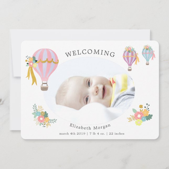 cartão de nascimento de balão de ar quente floral (Frente)