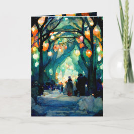 Cartão de Natal à noite, com luzes coloridas