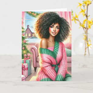 Cartão de Natal Afro-Americano Rosa e Verde