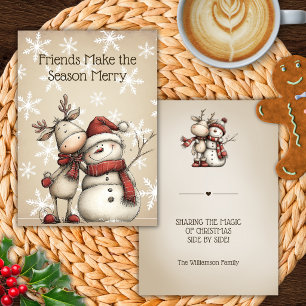 Cartão de Natal Amigos Rena e Boneco de Neve